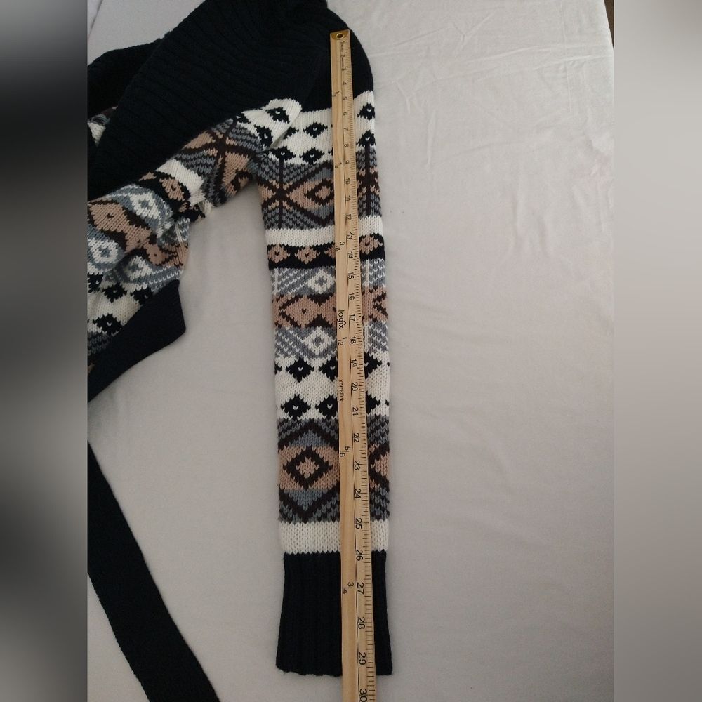 Old Navy Knit Cardigan Tan Black Aztec Southwest Cotton Lambs Wool Blend Chunky - Picture 4 of 10